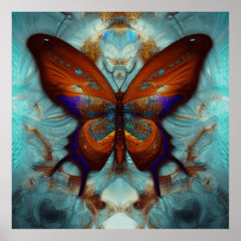 Póster Fantasía Steampunk Naranja Mariposa Aqua Watercolo