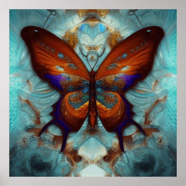 Póster Fantasía Steampunk Naranja Mariposa Aqua Watercolo (Frente)