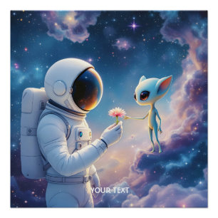 Póster Fantasía suave astronauta flor espacial