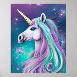 Póster Fantasía Unicornio con pelo azul y rosa