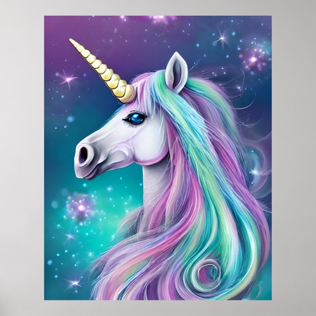 Póster Fantasía Unicornio con pelo azul y rosa (Frente)