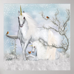 Póster Fantasía Unicornio Con Robins Wall Poster