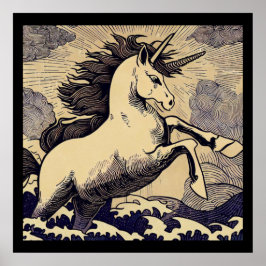 Póster Fantasía Unicornio - Woodcut 1
