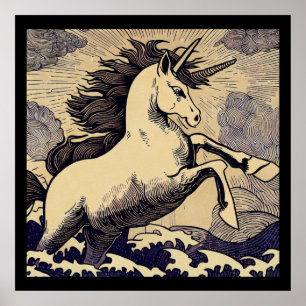 Póster Fantasía Unicornio - Woodcut 1