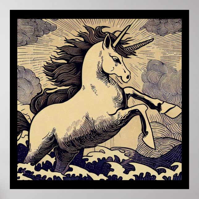 Póster Fantasía Unicornio - Woodcut 1 (Frente)