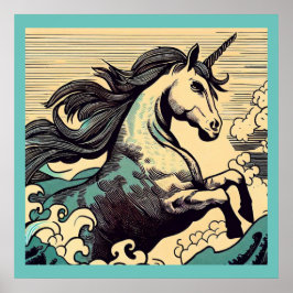 Póster Fantasía Unicornio - Woodcut 3