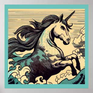Póster Fantasía Unicornio - Woodcut 3
