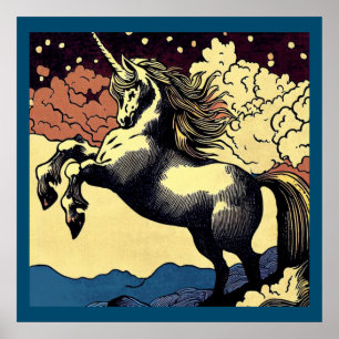 Póster Fantasía Unicornio - Woodcut 4
