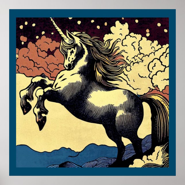 Póster Fantasía Unicornio - Woodcut 4 (Frente)