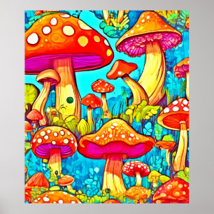 Póster Fantasías de Hongos de Dibujos Animados Coloridos