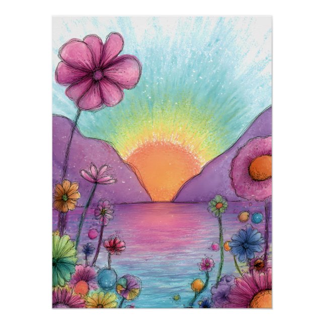 Póster Fantasie Landschaft mit Blumen - Pastell Stil (Anverso)