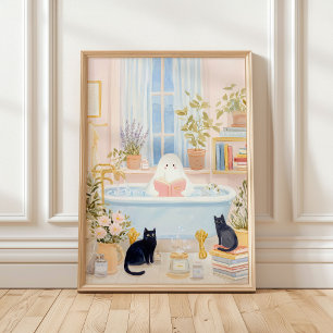 Póster Fantasma Acogedor Leyendo en Baño de Burbujas con 