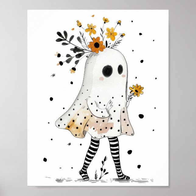 Póster Fantasma acuarela y girasoles Halloween sinusal (Frente)