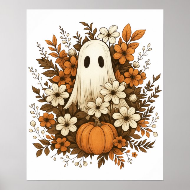 Póster Fantasma Adorable Con Calabaza Y Flores De Otoño – (Frente)