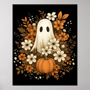 Póster Fantasma Adorable Con Calabaza Y Flores De Otoño –