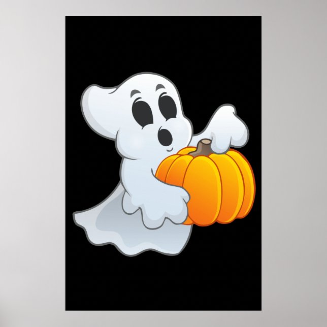 Póster Fantasma animado lindo con calabaza (Frente)