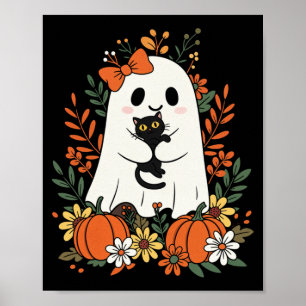 Póster Fantasma Antiguo Lindo Con Gato Negro Y Calabazas
