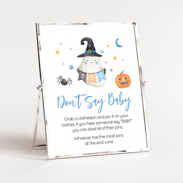 Póster Fantasma azul de Halloween Pequeña Boo no dice beb (Little Boo Baby Shower Don't Say Baby Sign)