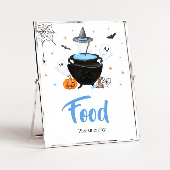 Póster Fantasma azul Halloween bebé está preparando comid (Baby is Brewing Baby Shower Food Sign)