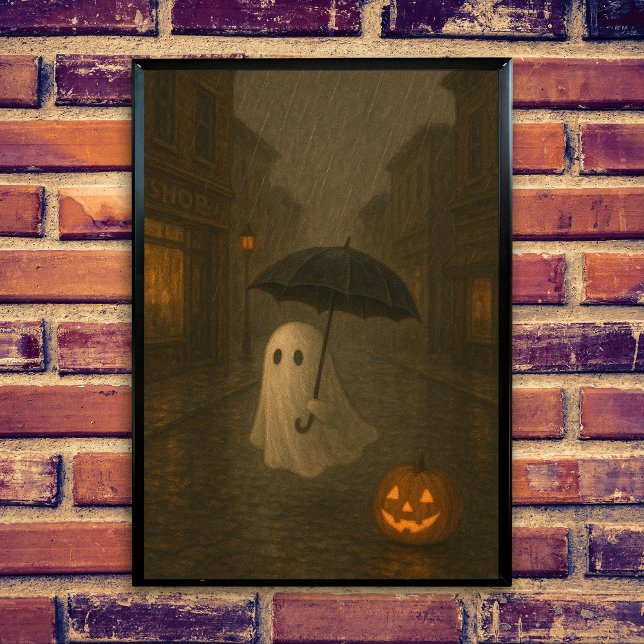 Póster Fantasma Bonito con Paraguas | Halloween Dark Acad (Cute ghost in the rain, spooky halloween scene, umbrella, dark academis design, jack o lantern.)