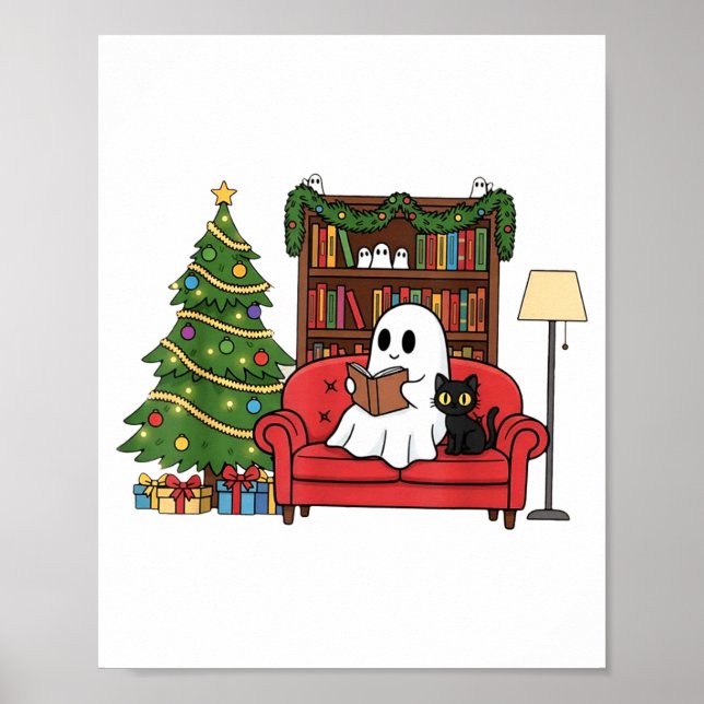 Póster Fantasma Bonito Leyendo Navidad, Libro de Fantasma (Frente)