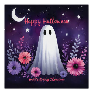 Póster Fantasma Caprichoso y Espeluznante Floral Rosa Púr