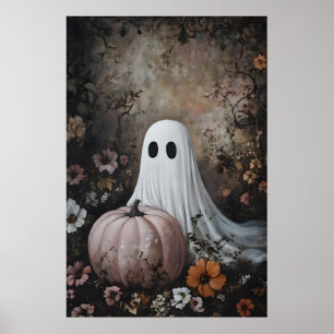 Póster Fantasma con calabaza rosa en flor de otoño, oscur
