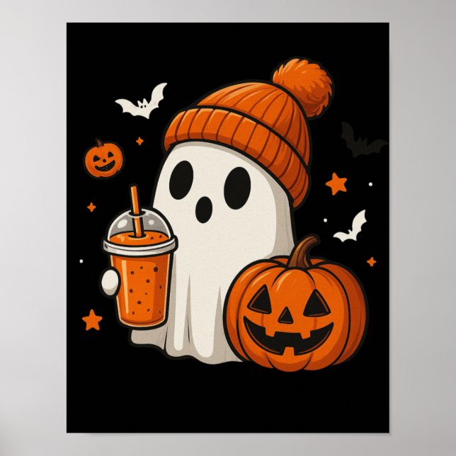 Póster Fantasma de Halloween con calabaza y bebida (Frente)