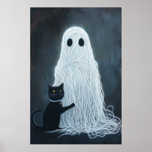 Póster Fantasma de Halloween cubierto en yarn y gato negr