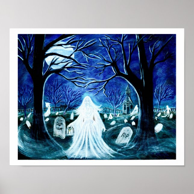 Póster Fantasma de Halloween en un cementerio 'Arriba des (Frente)