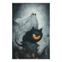 Fantasma de Halloween montando un gato negro