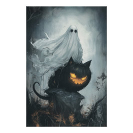Póster Fantasma de Halloween montando un gato negro