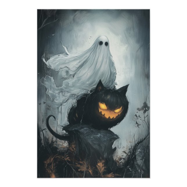 Póster Fantasma de Halloween montando un gato negro (Anverso)
