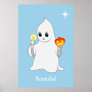 Póster Fantasma de Halloween y calabaza en azul claro