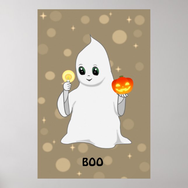 Póster Fantasma de Halloween y calabaza en Beige (Frente)