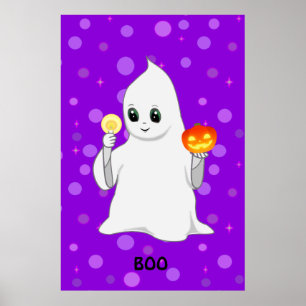 Póster Fantasma de Halloween y calabaza en morado