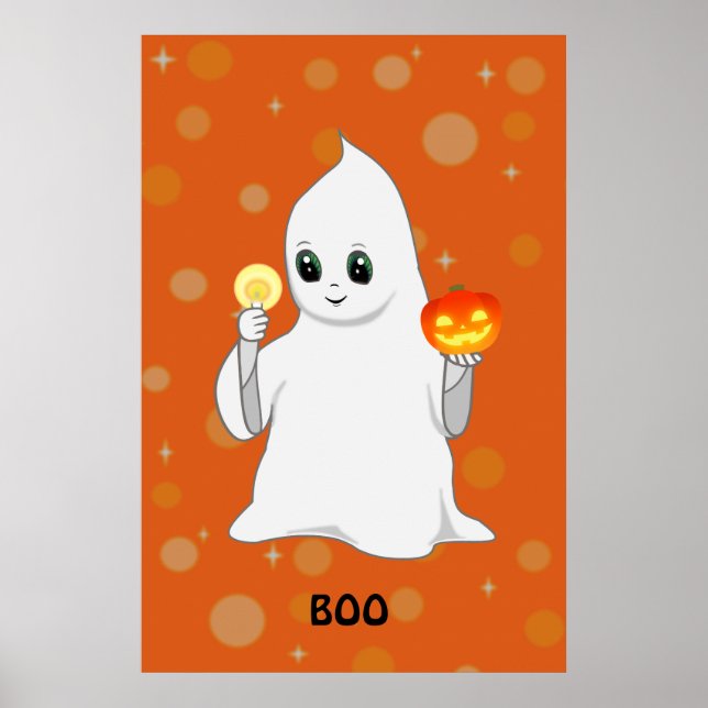 Póster Fantasma de Halloween y calabaza en Naranja (Frente)