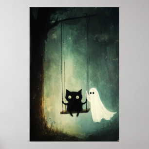 Póster Fantasma de Halloween y gato negro en un giro