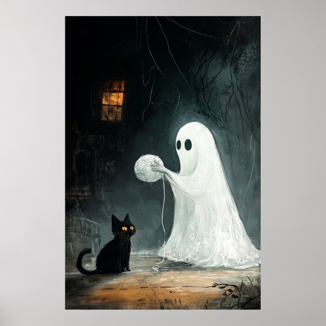 Póster Fantasma de Halloween y gato negro jugando con yar (Frente)