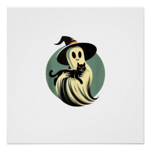 Póster Fantasma Divertido Sosteniendo Un Gato Negro Hallo