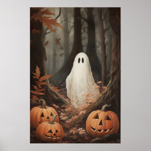 Póster Fantasma en el bosque de otoño con calabazas, acad