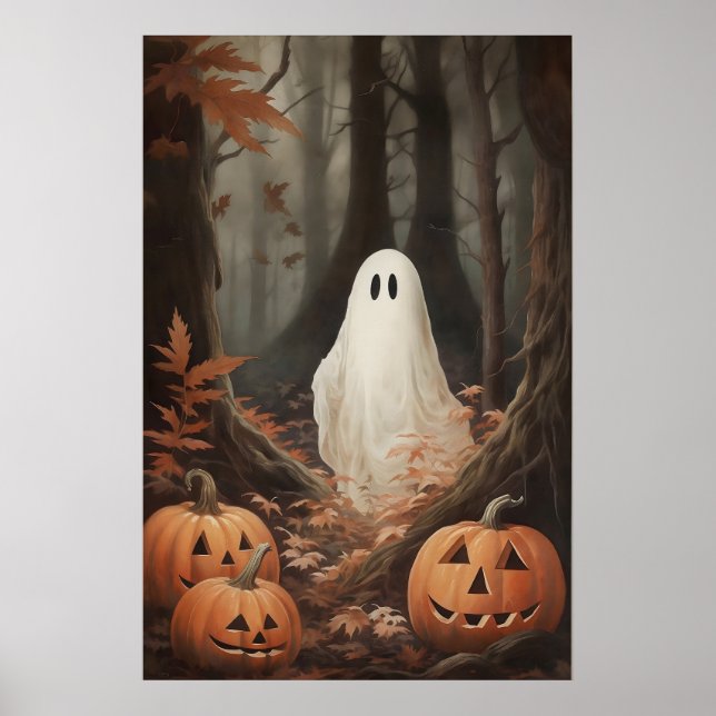 Póster Fantasma en el bosque de otoño con calabazas, acad (Frente)