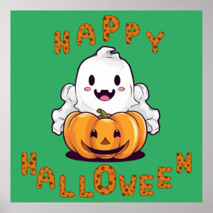Póster Fantasma feliz de Halloween sentada en un Poster d