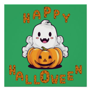 Póster Fantasma feliz de Halloween sentada en una calabaz
