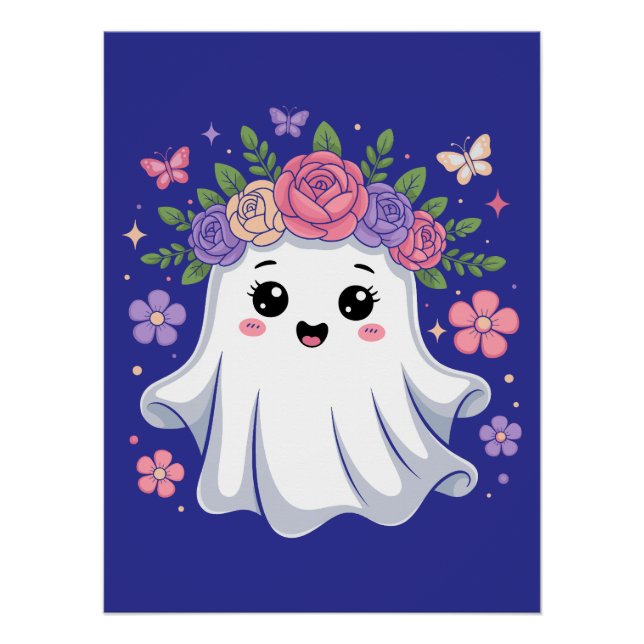 Póster Fantasma floral cúpula Kawaii Fantasma Halloween (Anverso)