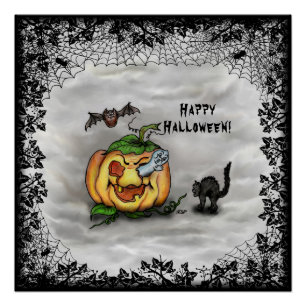 Póster Fantasma, Gato, Bat y Calabaza, ¡Feliz Halloween!
