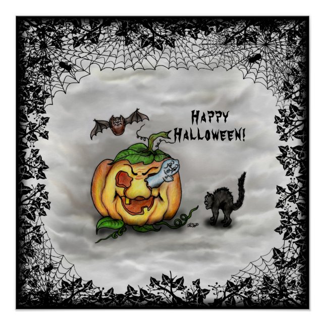 Póster Fantasma, Gato, Bat y Calabaza, ¡Feliz Halloween! (Anverso)