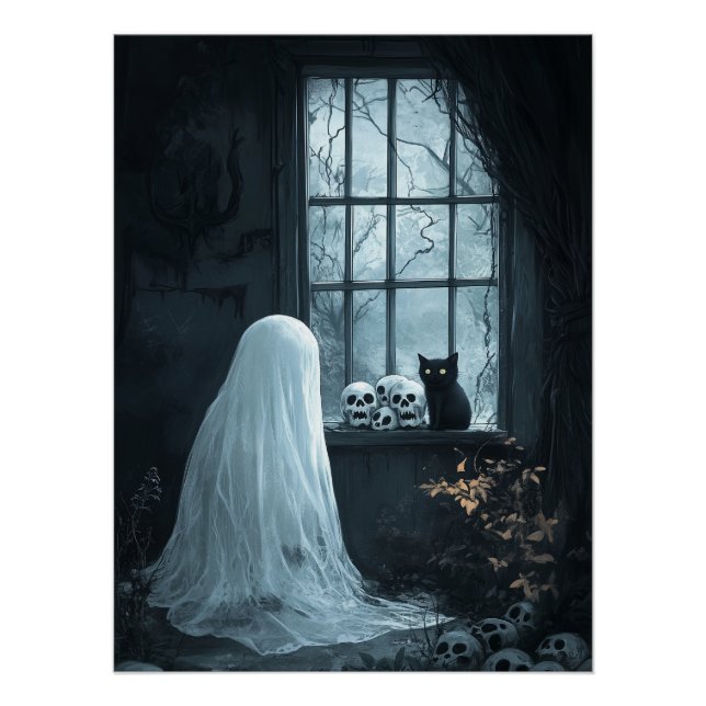 Póster Fantasma, gato y cráneos de Halloween (Anverso)