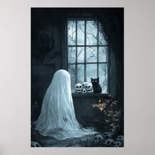 Póster Fantasma, gato y cráneos de Halloween