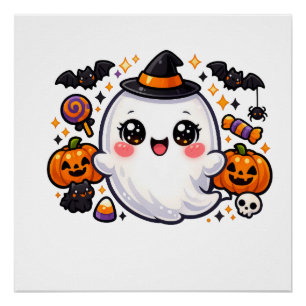 Póster Fantasma Kawaii de Halloween - Calabaza